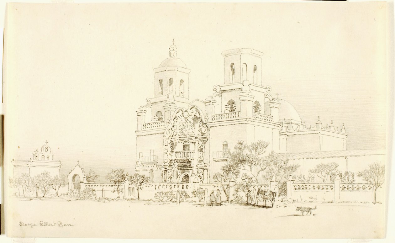 Zonder titel (overdrachtstekening voor de missie van San Xavier, Tucson, Arizona) door George Elbert Burr
