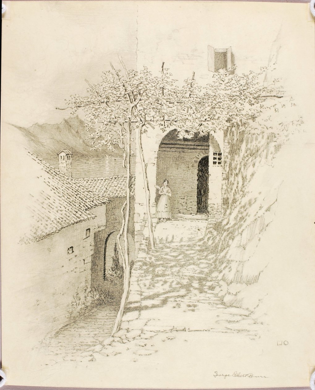Zonder titel (overdrachtstekening voor Dorpsstraat, Meer van Lugano, Italië [nr. 1]) door George Elbert Burr