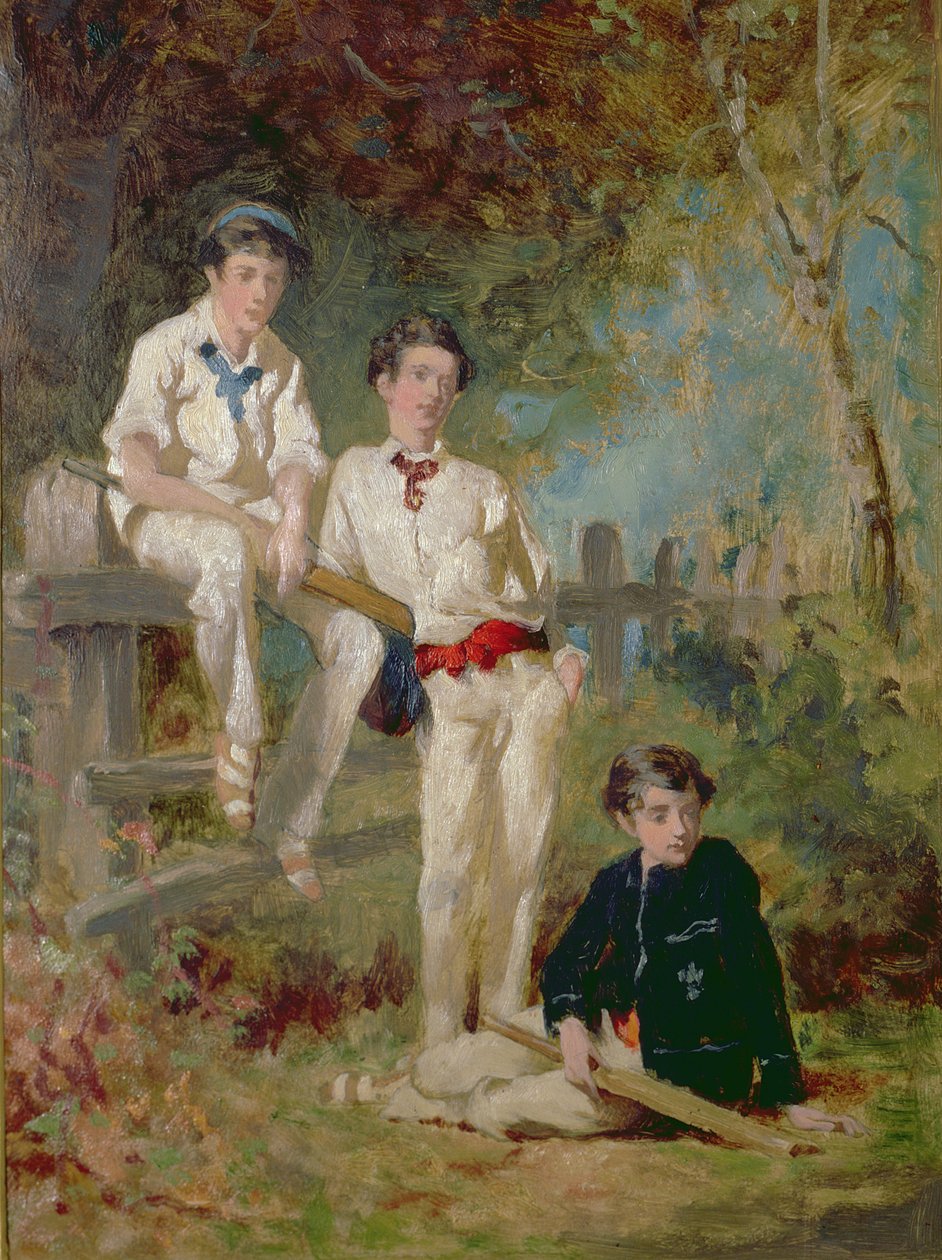 Drie jonge cricketspelers, ca. 1883 door George Elgar Hicks