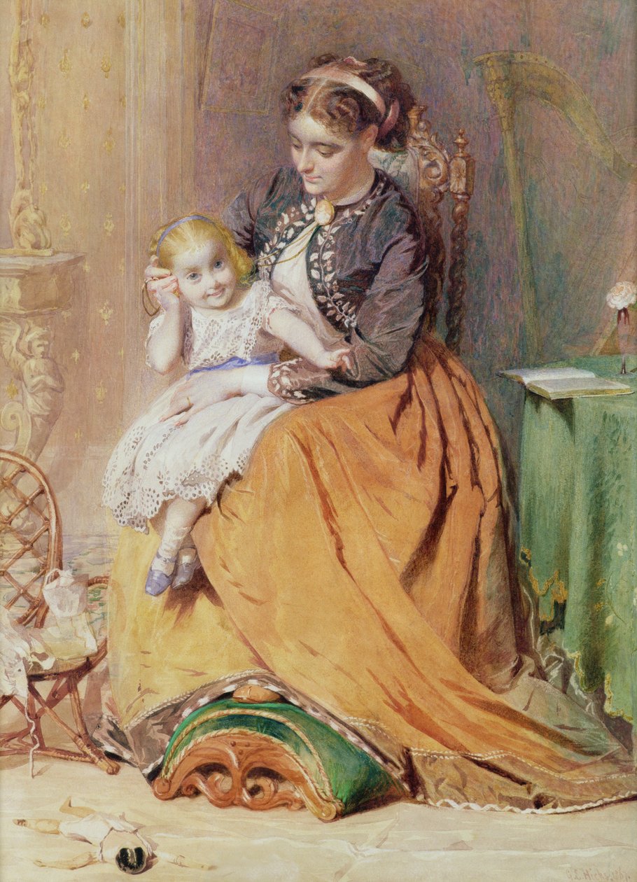 Tik, Tik, Tik - een meisje zittend op de schoot van haar moeder luisterend naar haar gouden horloge, 1867 door George Elgar Hicks
