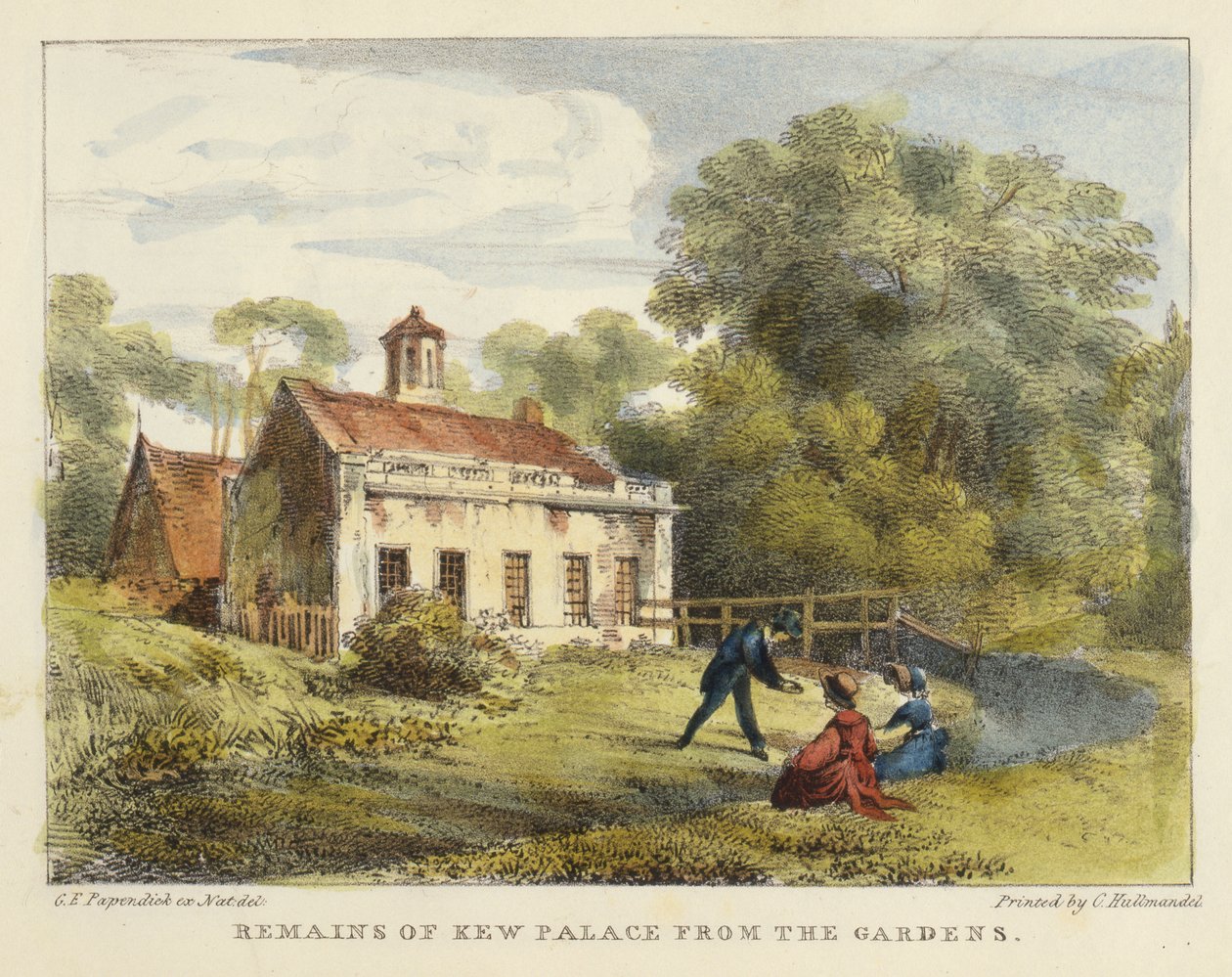 Restanten van Kew Palace vanuit de Tuinen, plaat 6 uit Kew Gardens: Een Serie van Vierentwintig Tekeningen op Steen, gegraveerd door Charles Hullmandel (1789-1850) gepubliceerd 1820 door George Ernest after Papendiek