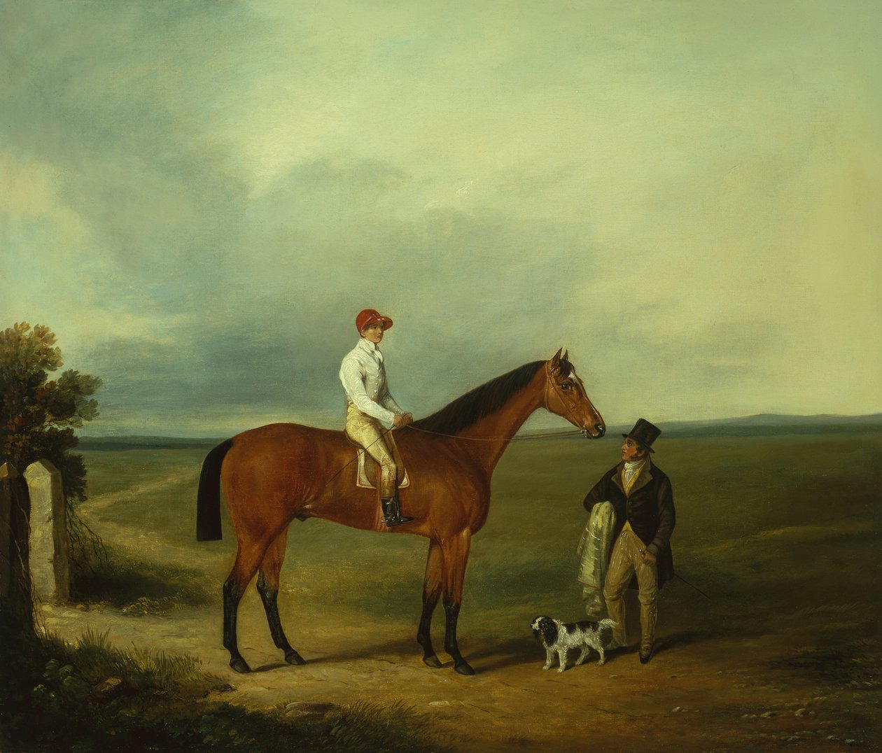 Een renpaard met een jockey, trainer en spaniël (olieverf op doek) door George Fenn