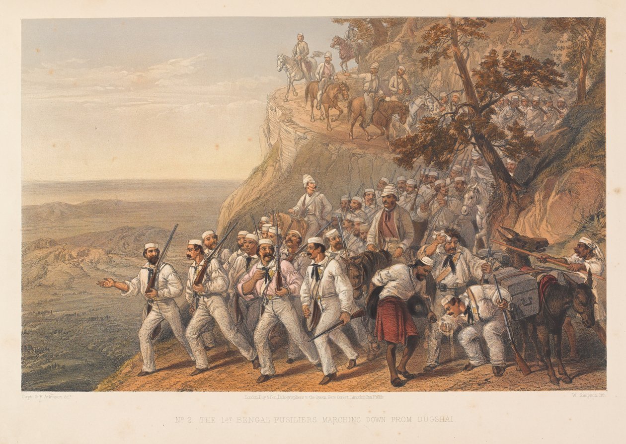 1e Bengal Fusiliers marcheren naar beneden vanuit Dugshai, 1857 door George Francklin Atkinson