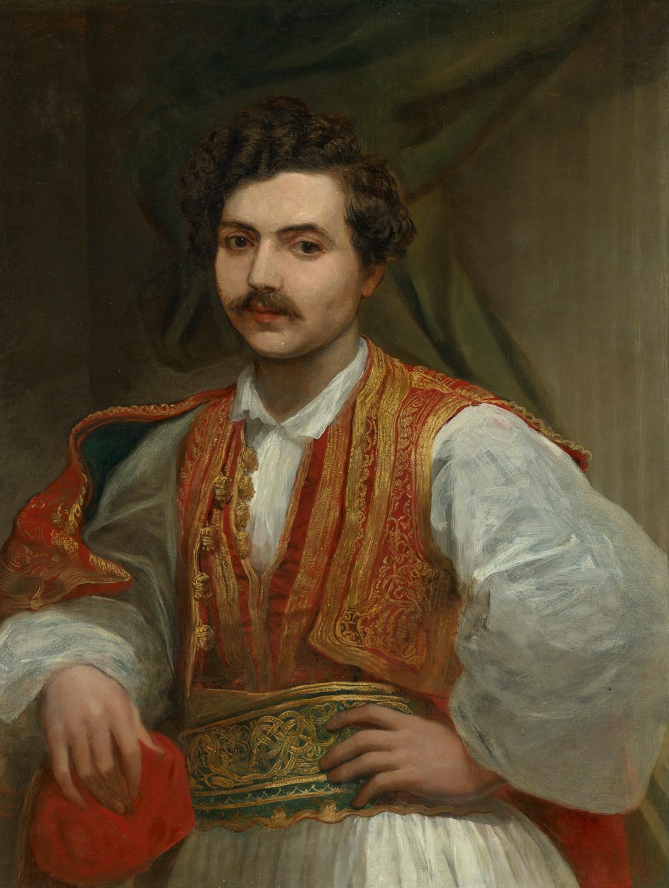 Portret van Nicolas Ionides (1815-1873), halflang, in Grieks kostuum door George Frederic Watts
