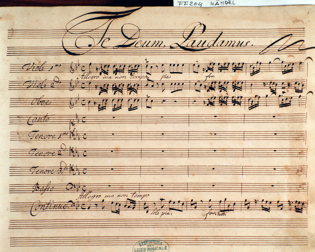 Titelpagina van muzikale partituur van Te deum door G F Handel door George Frederick Handel