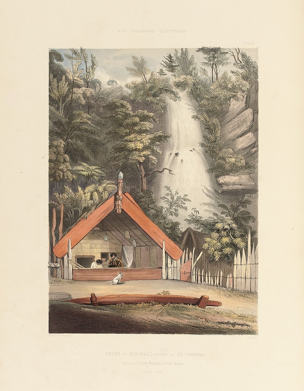 Huis van Hiwikau, moeder van de Heuneu, en watervallen van Ko Waihi, bij Te Rapa, plaat 21 uit "The New Zealanders Illustrated" door George French Angas
