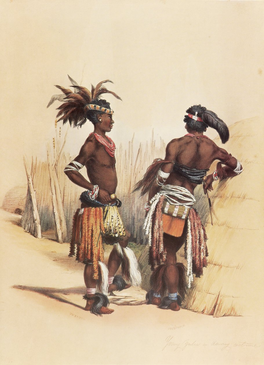 Twee jonge Zulu-mannen, gekleed in kleurrijke traditionele kleding door George French Angas