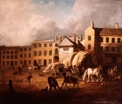 18e-eeuwse stadsscène met figuren en paarden in een erf door George Garrard
