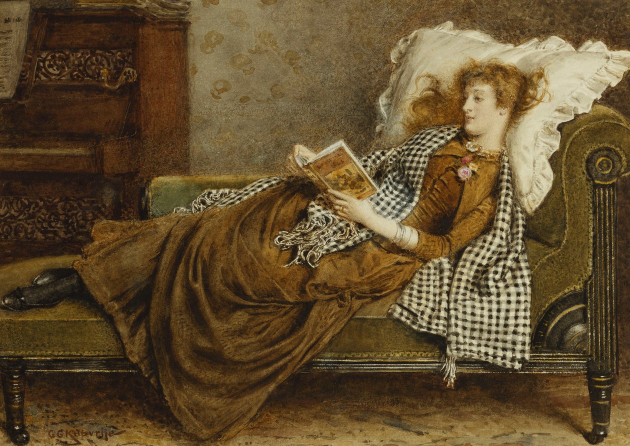 Een jonge dame die leest in een interieur door George Goodwin Kilburne