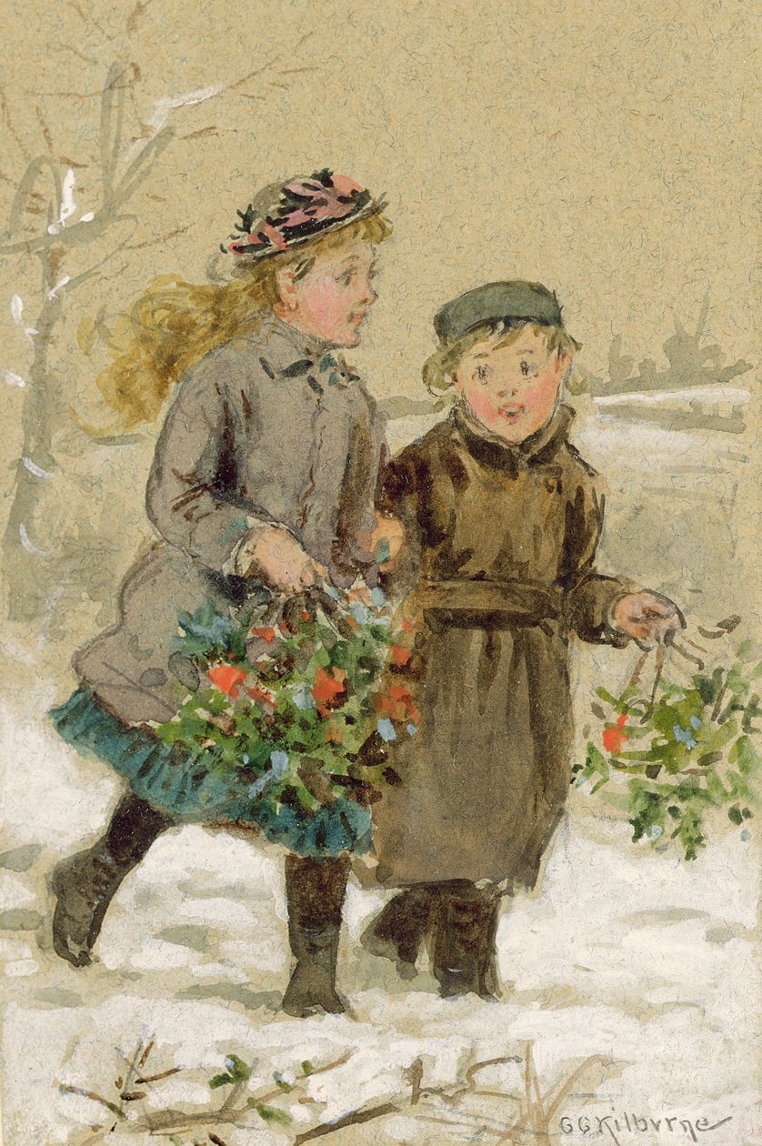 Kinderen spelen in de sneeuw - Hulst verzamelen door George Goodwin Kilburne