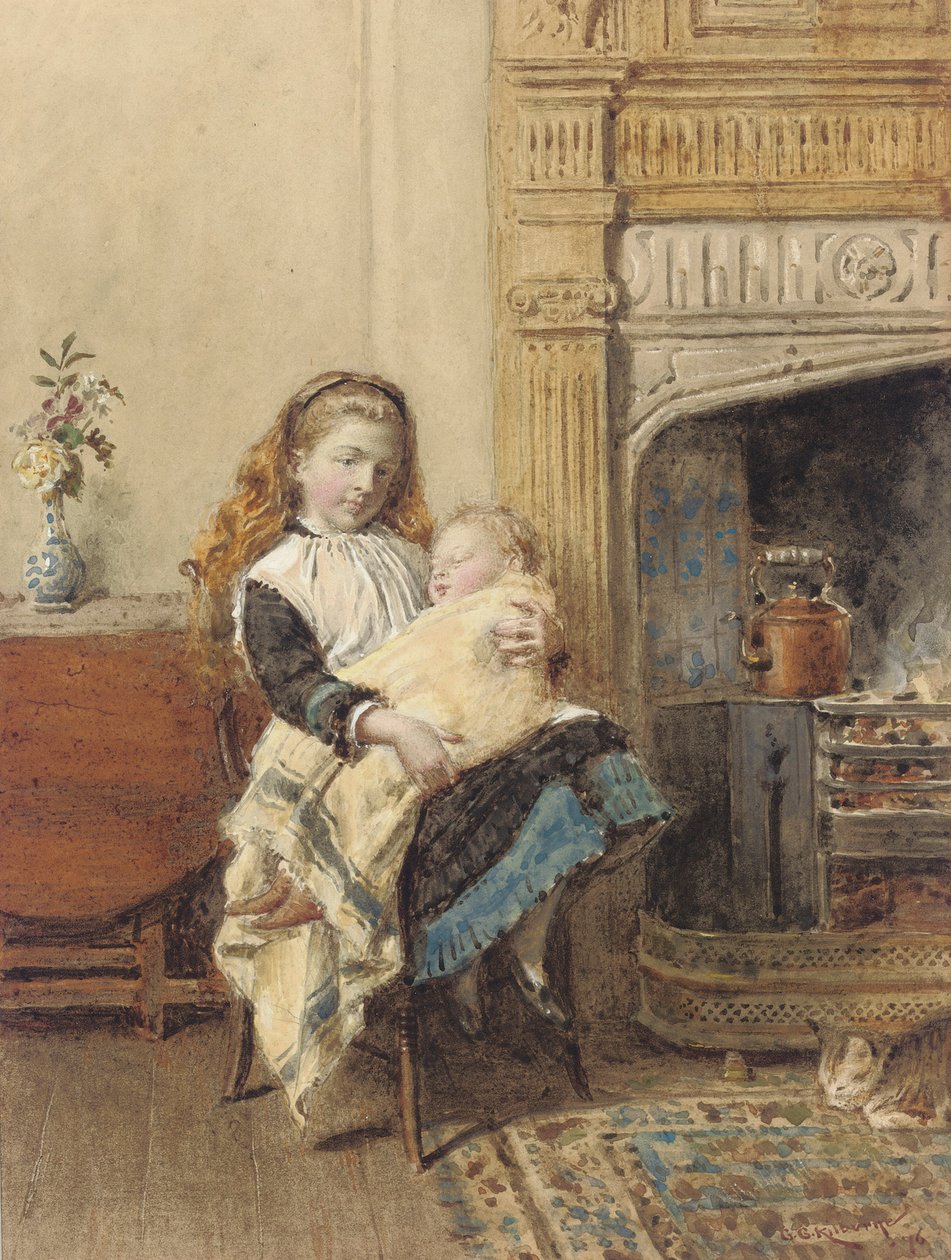 Baby verzorgen, 1896 door George Goodwin Kilburne