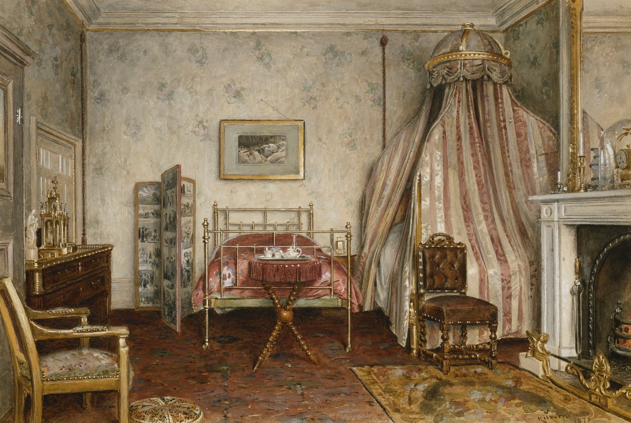 Uitzicht op de slaapkamer waar Napoleon III stierf, Camden Place, Chislehurst, Kent, 1873 door George Goodwin Kilburne