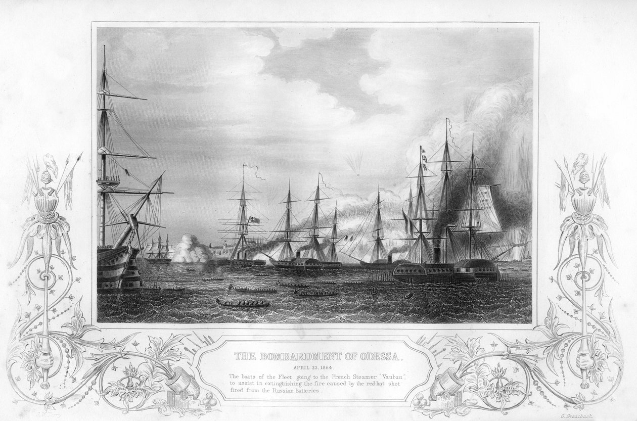 Het bombardement van Odessa, Oekraïne, tijdens de Krimoorlog, 1854 1857 door George Greatbatch