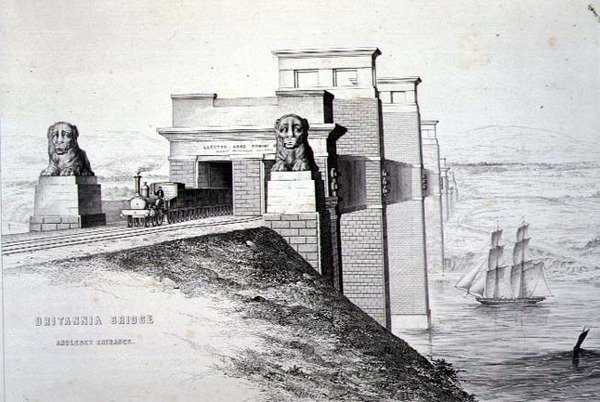 Britannia Bridge, Anglesey Entrance, gegraveerd door de kunstenaar, uitgegeven 1849 door George Hawkins