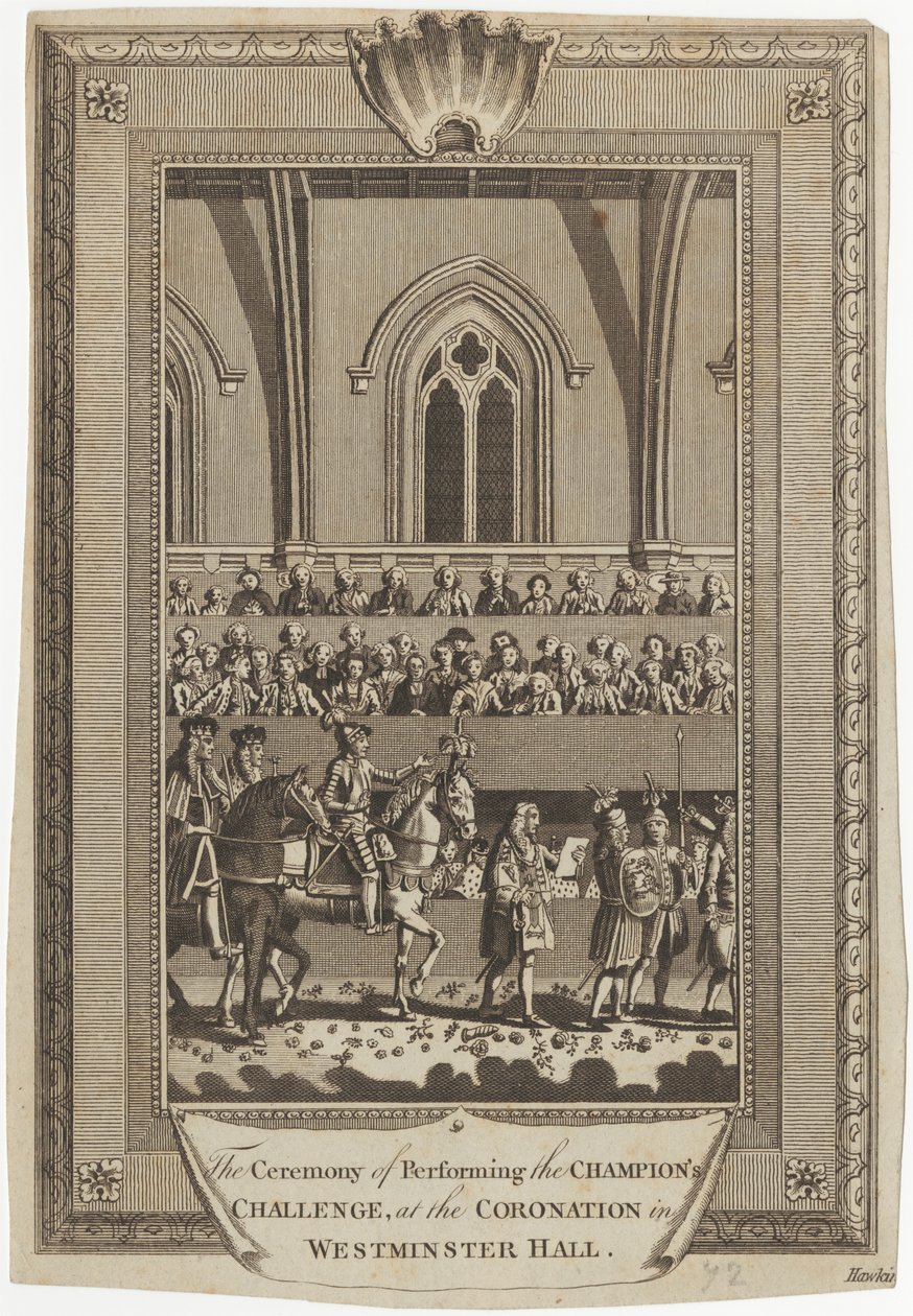 De ceremonie van het uitvoeren van de uitdaging van de kampioen bij de kroning in Westminster Hall door George Hawkins