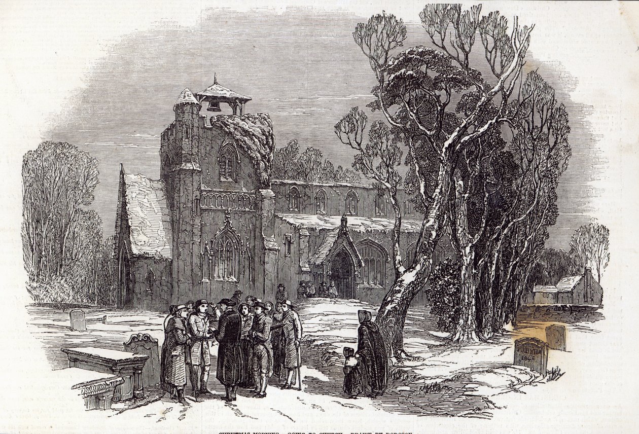 Kerstmorgen: Naar de kerk gaan, gegraveerd door W.J. Linton, uit 