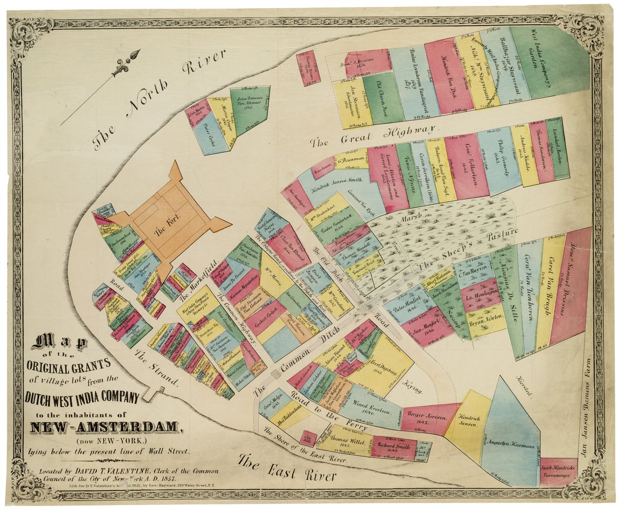 Kaart van de oorspronkelijke toewijzingen van dorpspercelen van de Nederlandse West-Indische Compagnie aan de inwoners van Nieuw-Amsterdam (nu New York) onder de huidige lijn van Wall Street, 1857 door George Hayward