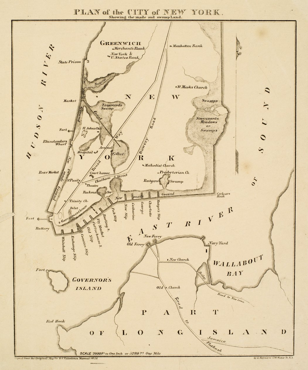 Plan van de stad New York met de gemaakte en moeraslanden, 1856 door George Hayward