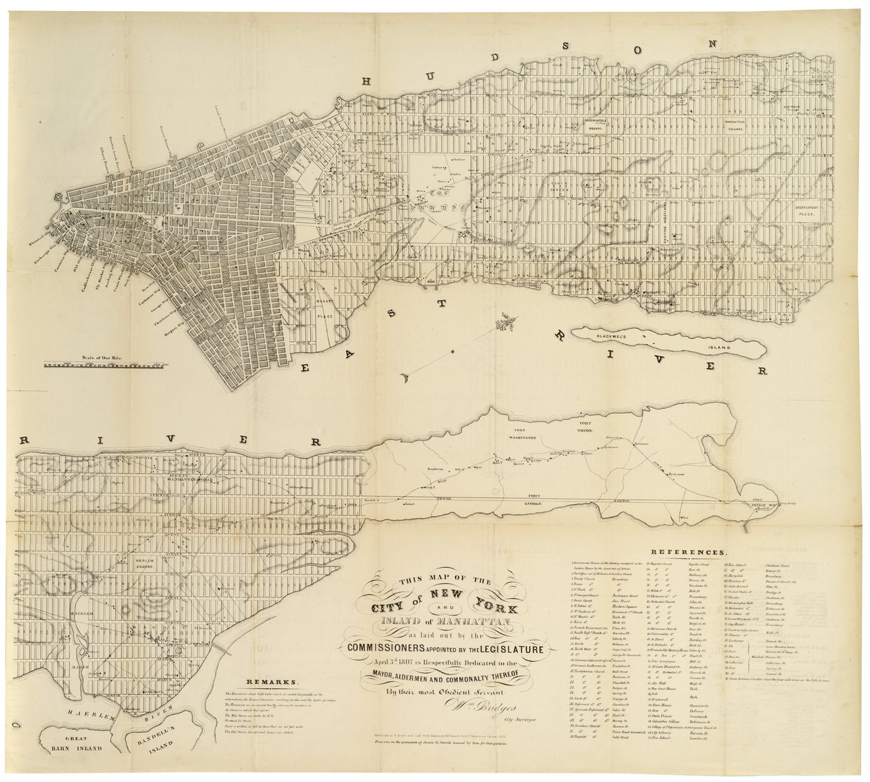 Deze kaart van de Stad New York en het Eiland Manhattan zoals uitgezet door de Commissarissen aangesteld door de Wetgevende Macht, 1853 door George Hayward
