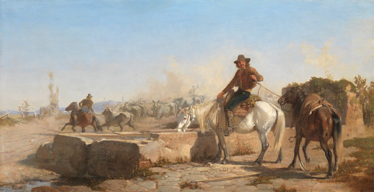 Een Buttero die zijn paard water geeft in de Romeinse Campagna, 1853 door George Hemming Mason