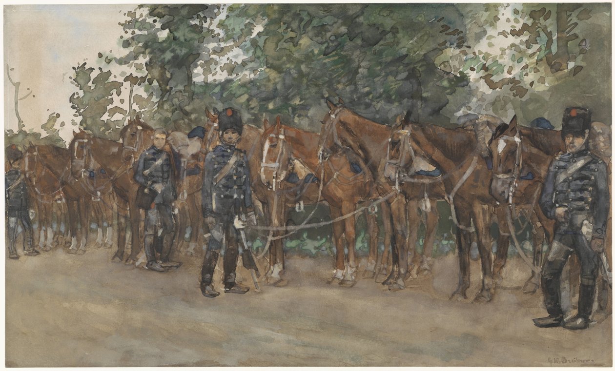 Huzaren staande naast hun paarden langs de kant van de weg door George Hendrik Breitner