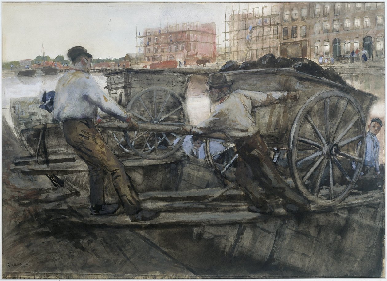 Arbeiders trekken een zwaar beladen kar op de Jacob van Lennepkade, Amsterdam door George Hendrik Breitner