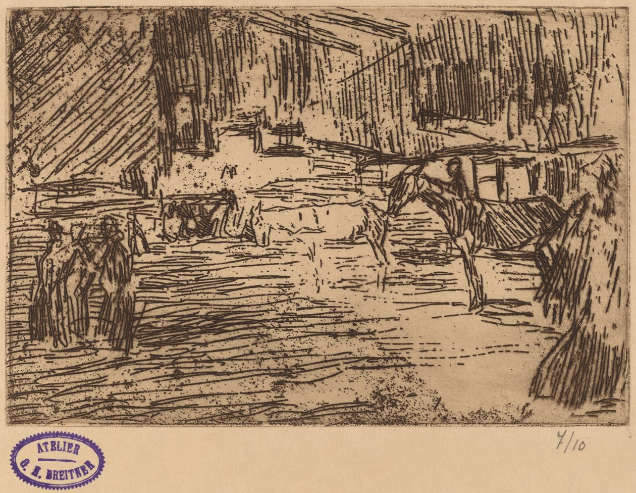 Scène met paarden die in een stroom staan door George Hendrik Breitner