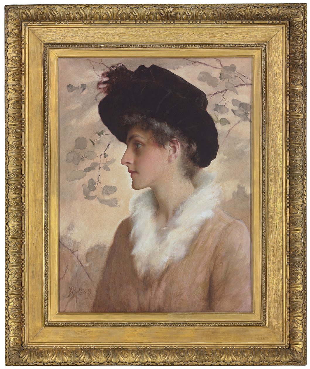 Portret van een dame, halve lengte, met een zwarte hoed en bontstola, 1888 door George Henry Boughton