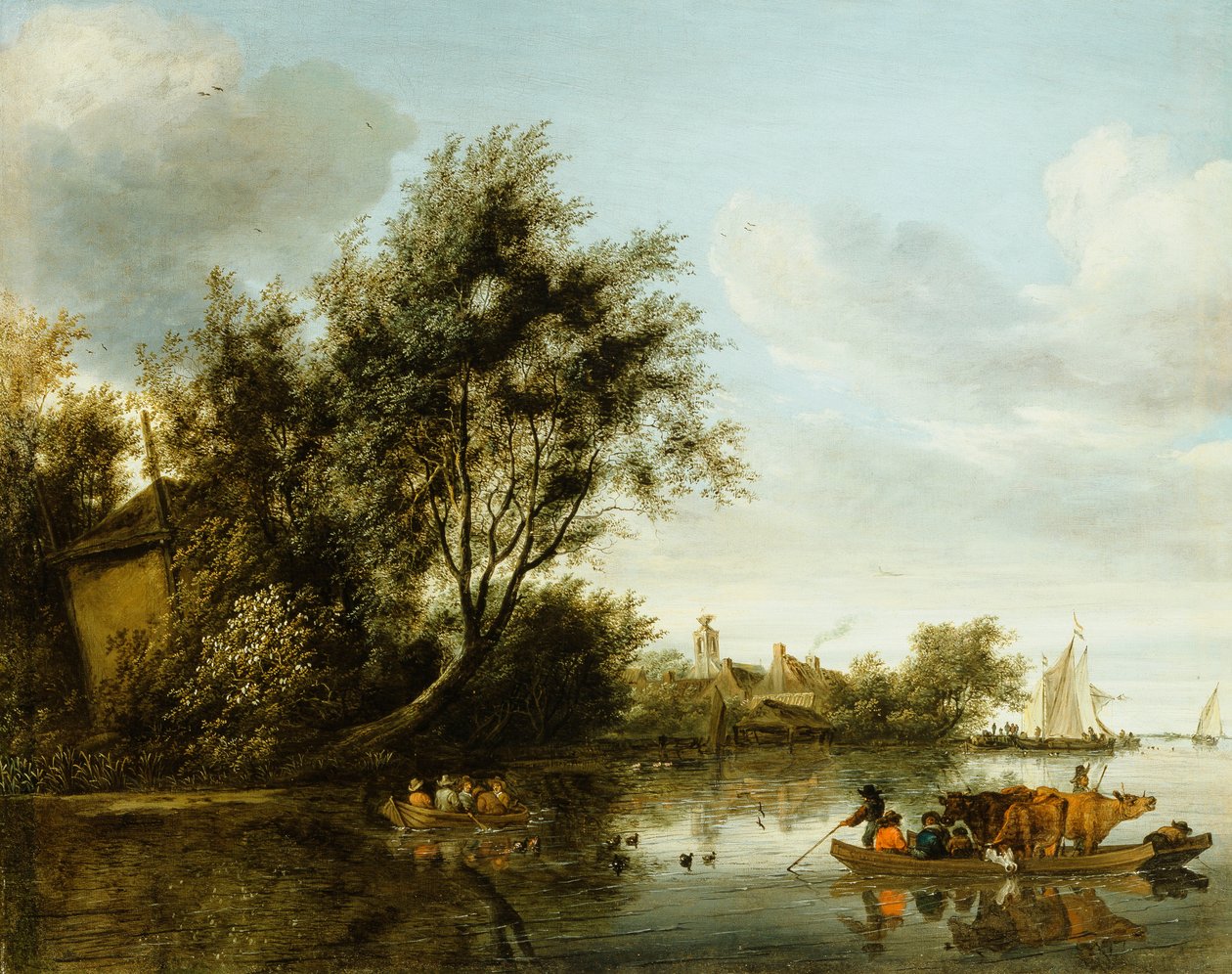 Een Rivierlandschap met een Hooizolder tussen Bomen en een Veerboot met Passagiers en Vee door George Henry Clements