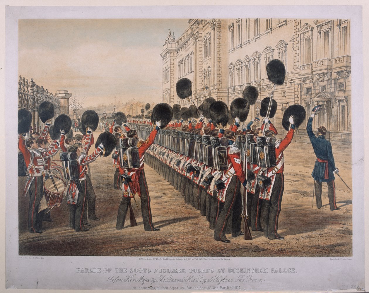 Parade van de Scots Fusilier Guards bij Buckingham Palace op de ochtend van hun vertrek naar het oorlogsgebied, 2 maart 1854, gegraveerd door E. Walker, uitgegeven door Colnaghi und Co., 1854 door George Housman Thomas