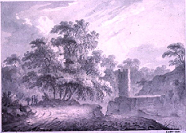 Een landweg met reizigers naast een toren, gebouwd op een rotsklif, bij Marino, nabij het Meer van Albano door George Howland Beaumont