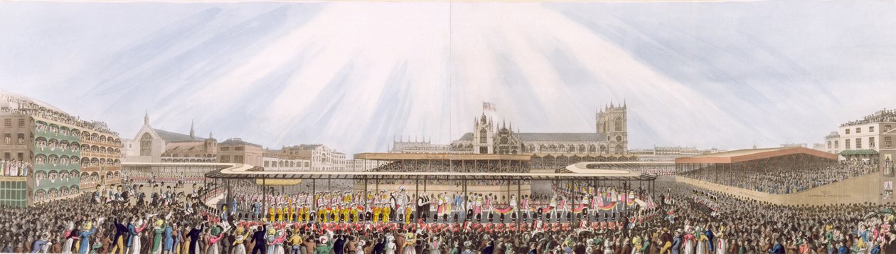 Uitzicht op de kroningsprocessie van Koning George IV van Westminster Hall naar de Abdij, 19 juli 1821 door George Humphrey