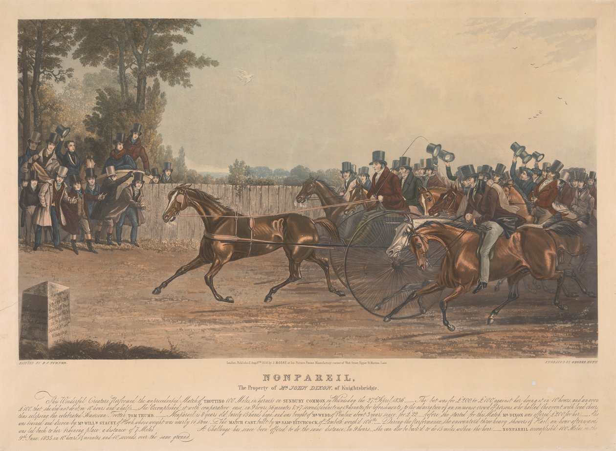 "Nonpareil" / Het Eigendom van de Heer John Dixon van Knightsbridge / Dit Wonderbaarlijke Schepsel, Voerde de ongekende Wedstrijd uit, van 100 mijl draven in harnas op Sunbury Common, op woensdag 27 april 1836. door George Hunt