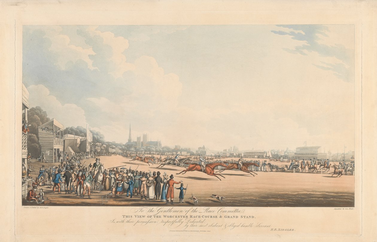 Uitzicht op de Worcester-renbaan en de hoofdtribune door George Hunt