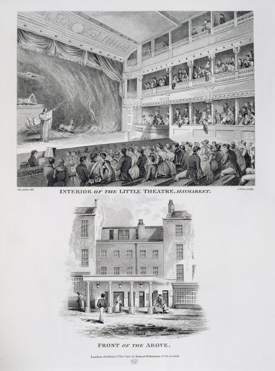 Interieur van het Little Theatre, Haymarket in Londen en de voorkant van het bovengenoemde, gegraveerd door James Stow, 1815 door George Jones