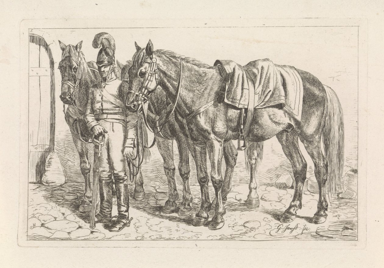 Kurassier en drie paarden door George Jooss