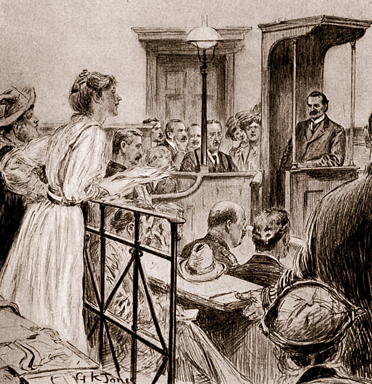 Juffrouw Christabel Pankhurst ondervraagt de Heer Herbert Gladstone, 1909 door George Kingston Jones