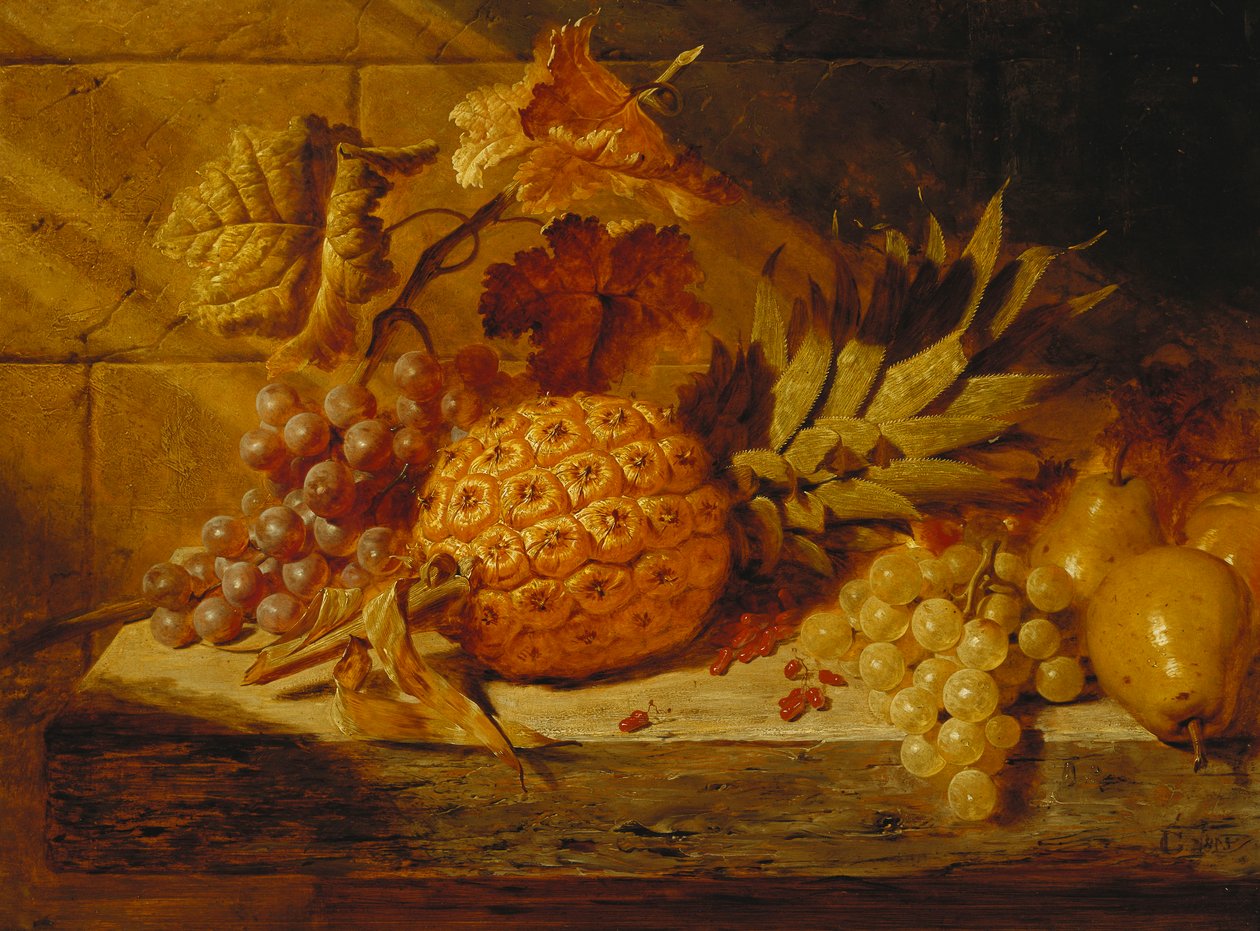 Zwarte en witte druiven, peren, rode bessen en een ananas op een richel, 1845 door George Lance