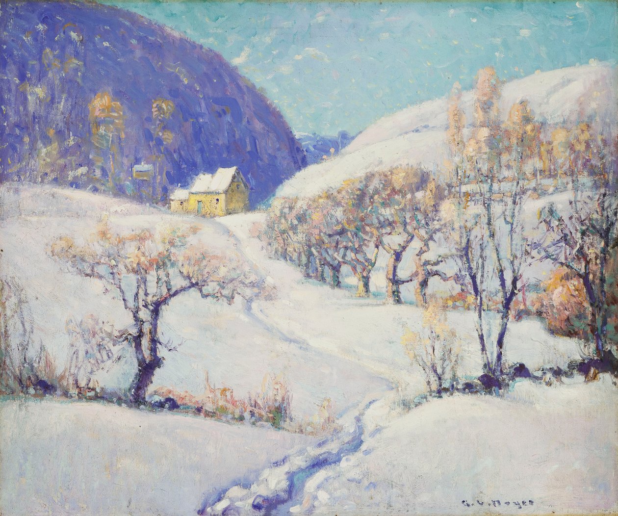 Winter in de vallei (olieverf op doek) door George Loftus Noyes