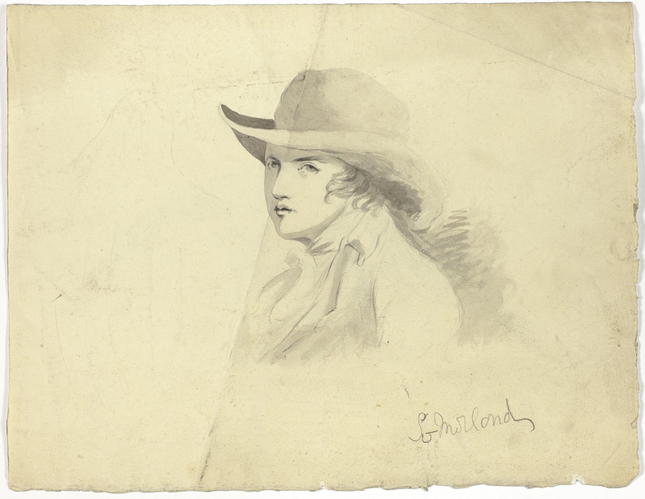 Borstbeeld van jeugd met hoed (recto); engelenkop (verso) door George Morland