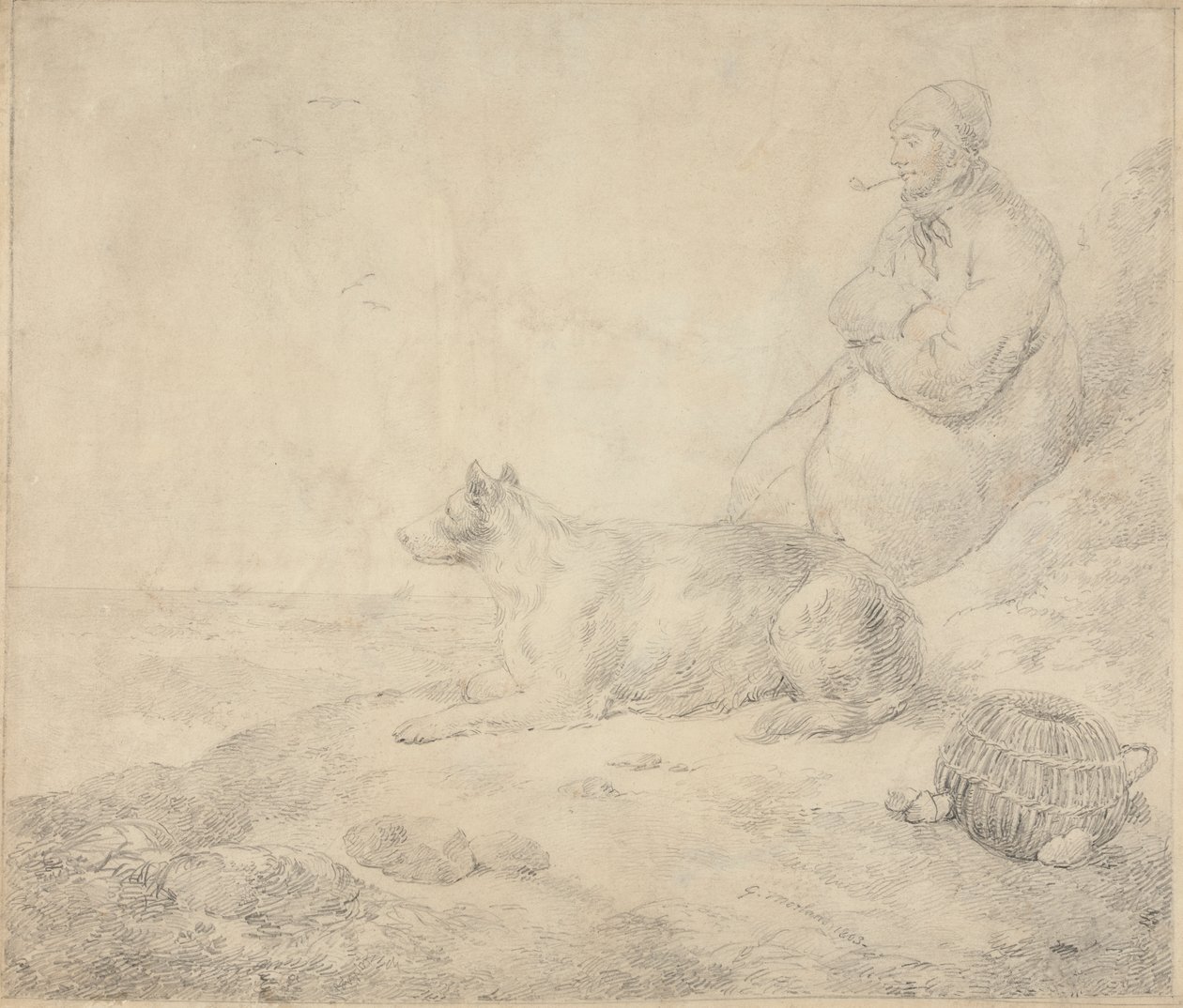 Visser en hond zittend aan de kust door George Morland