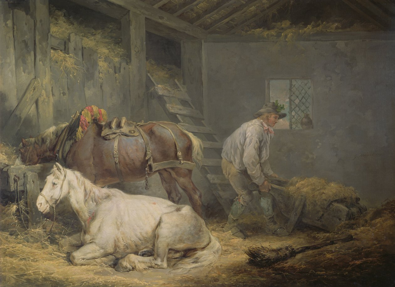 Paarden in een stal door George Morland