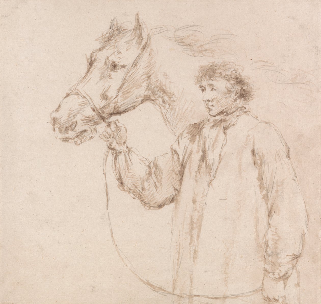 Man die paard bij het hoofdstel houdt door George Morland