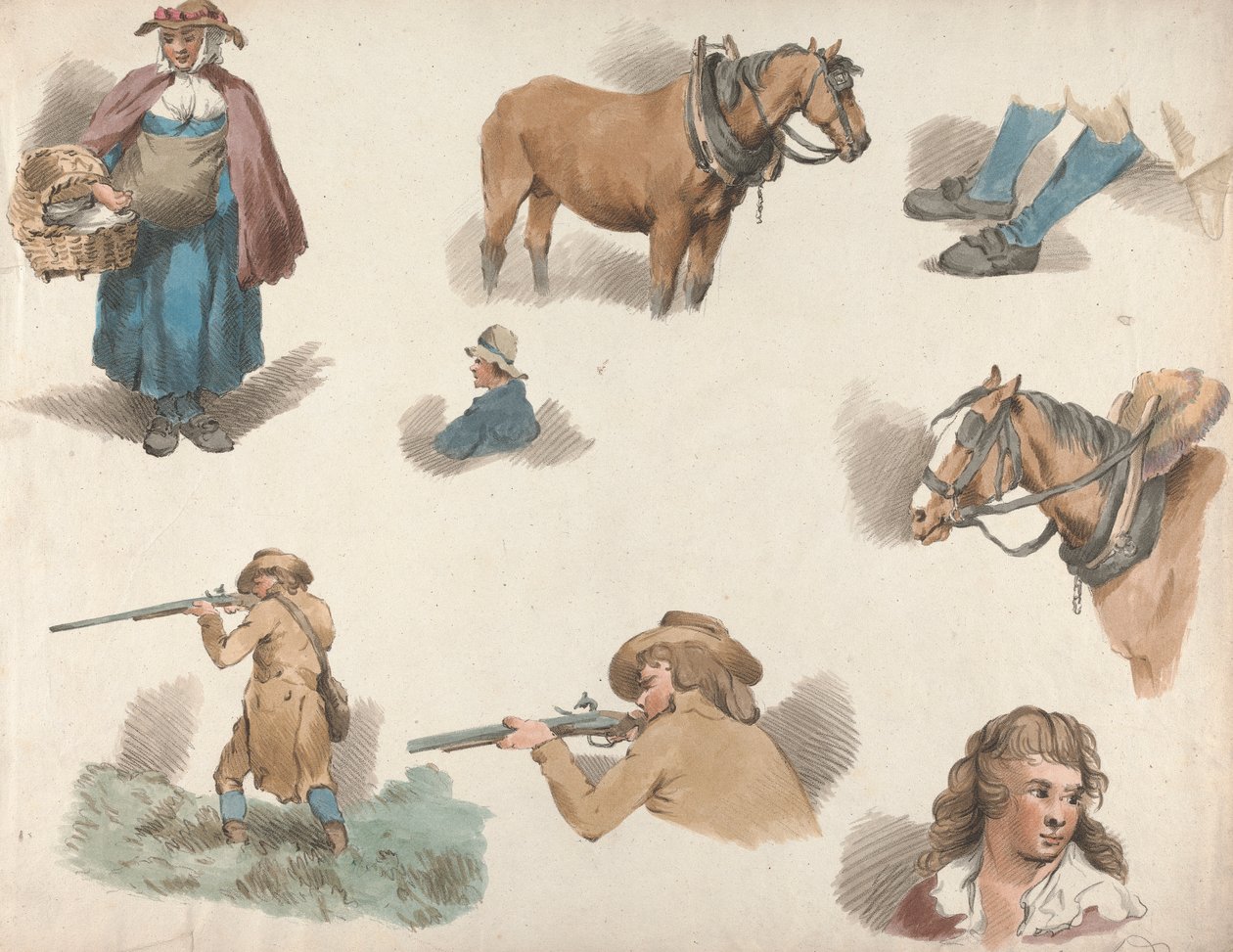 Set van Vijf: Acht studies: Vrouw met Mand, Geblindeerd Paard, enz. door George Morland