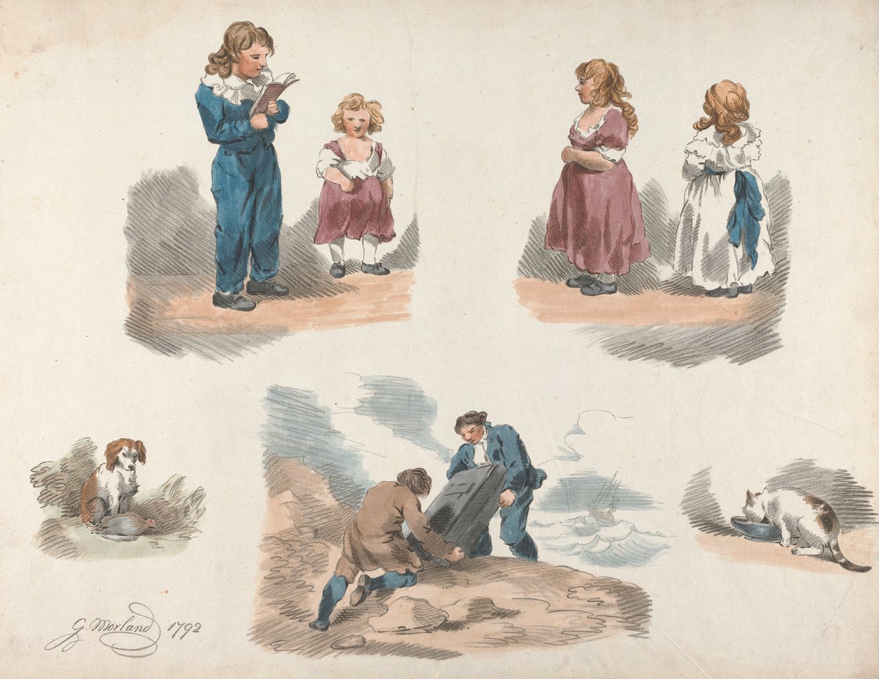 Set van Vijf: Studies van Kinderen, een Hond, een Kat, enz. door George Morland