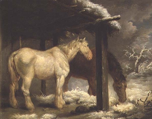 Shire paarden bij een rieten schuilplaats in een stormachtig winterlandschap door George Morland