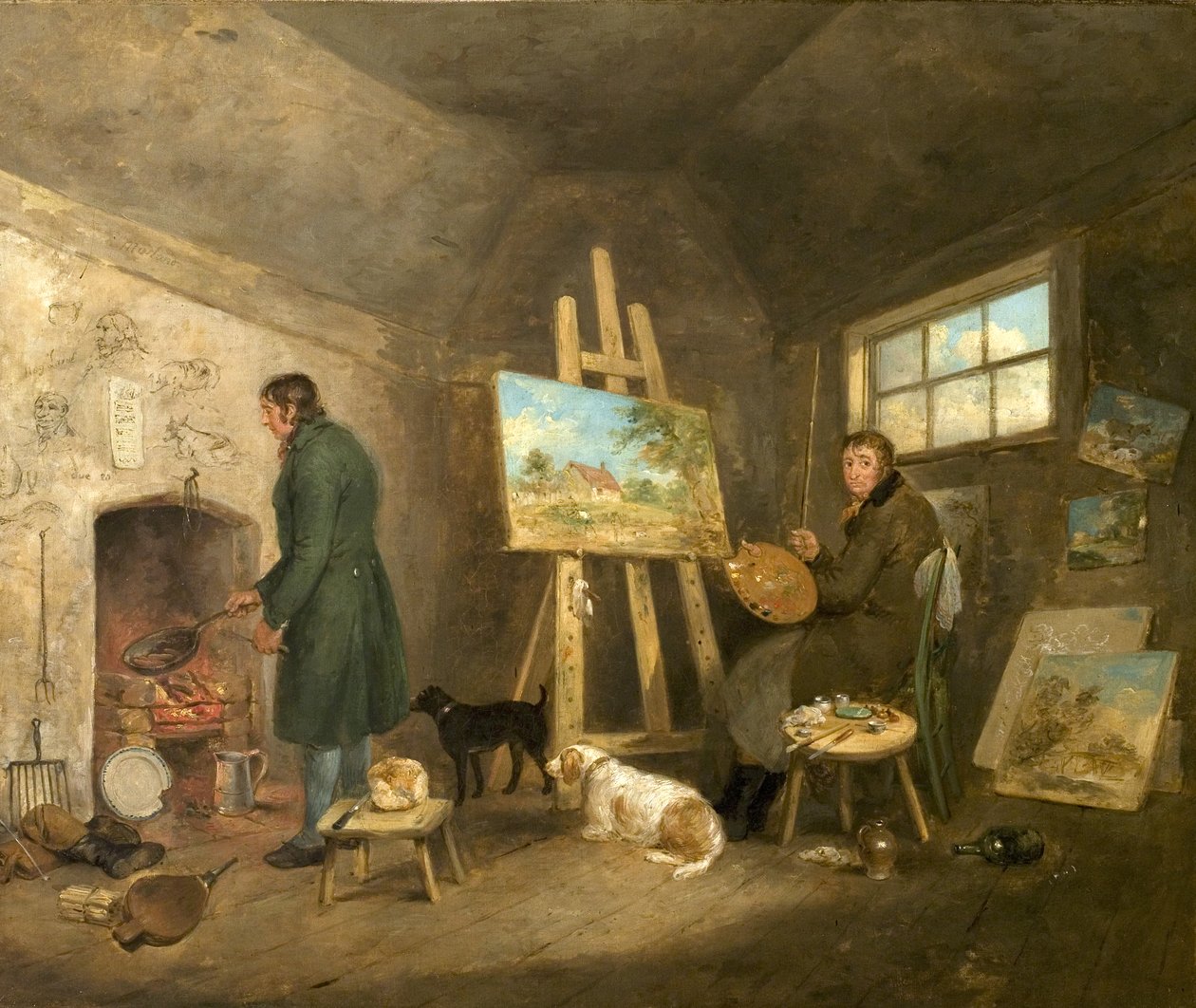 De Kunstenaar in Zijn Atelier en Zijn Man Gibbs door George Morland
