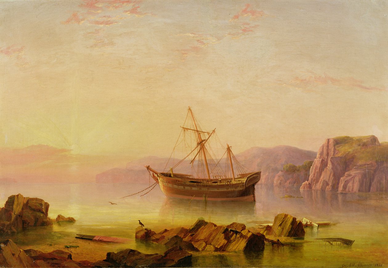 Een schip voor anker in een baai bij zonsondergang door George Mounsey Wheatley Atkinson
