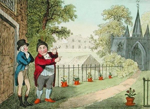Een tuin tonen, gegraveerd door Isaac Cruikshank, gepubliceerd 1796 (aquatint) door George Moutard (after) Woodward