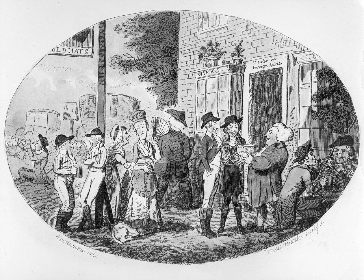 Buiten de Oude Hoeden Tavern, gegraveerd door Isaac Cruikshank, 1796 door George Moutard Woodward